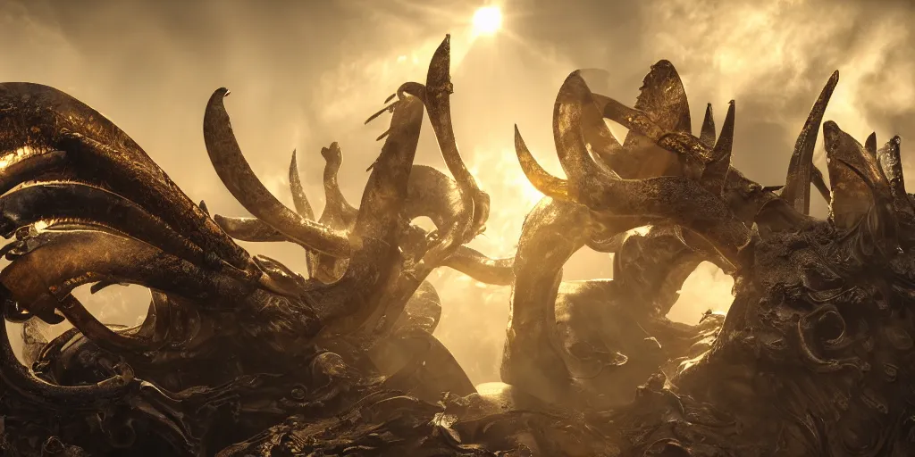 Image similar to ribs and spines and teeth, gold ram horns, copper goat skulls, grand imposing powerful sculpture. swirls of mist. sunrise, intense light beams, lens flare. occult photorealism, uhd, amazing depth, volumetric lighting, cinematic lighting. epic landscape.