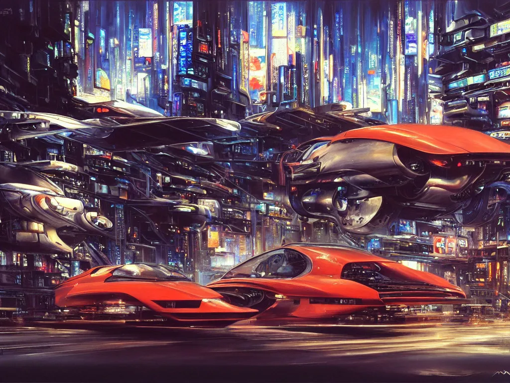 Prompt: hyperrealistic and beautiful painting of a slice of life from a futuristic city, mechanical designs, futuristic cars, night, technological, meticulous engineering, cinematic, cyberpunk style, highly detailed!, realism, acrylic on canvas, 8 k resolution, concept art, by noriyoshi ohrai, john berkey