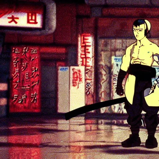 Prompt: still frame of cyberpunk ninja Jubei in the 1988 anime movie Akira by Katsuhiro Otomo, screenshot, color, film print