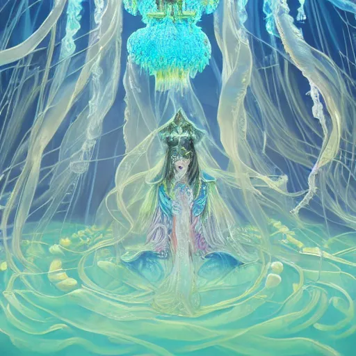 Prompt: A painting of priestesses worshipping at the jellyfish temple, shrouded in mist, jellyfish god, jellyfish priestess, jellyfish shrine maiden, 8K, illustration, art by Kyuyong Eom and Rui Li and Seunghee Lee and xi zhang, smoke, undersea temple with fish, cinematic, insanely detailed and intricate, hypermaximalist, elegant, super detailed, award-winning, fuschia and vermillion and cyan, rainbow accents, mysterious, ancient, ritual, trending in cgsociety, artstation HQ, ornate, elite, haunting, matte painting, beautiful detailed, insanely intricate details, dreamy and ethereal, otherworldly