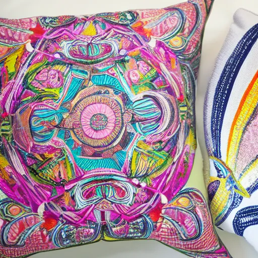 Prompt: a unique and amazing pillow, product shot, intricate, fine detail, full maximalist print, bright colours