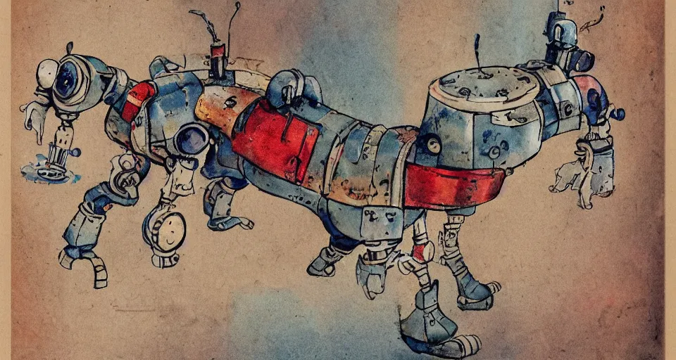 Image similar to a detailed illustration of a cute retro robot dog, alcohol inks on parchment, muted colors, detailed, textured parchment background, bosch, 1 9 5 0 s concept art