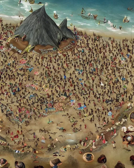 Prompt: the gigantic unconscious body of lemuel gulliver lies on a beach surrounded by hundreds of tiny lilliputians, some standing on him. gulliver is being tied to the beach with hundreds of robes being held down by the lilliputians, the scene is cinematic and hyperreal