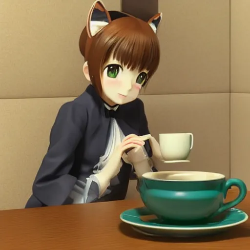 Image similar to Manga cover portrait of an extremely cute and adorable beautiful Victorian-chan ASMR anime girl with cat ears sipping a cup of tea, 3d render diorama by Hayao Miyazaki, official Studio Ghibli still, color graflex macro photograph