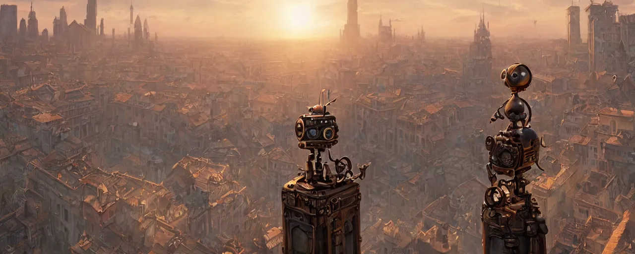 Image similar to a small cute steampunk robot standing on top of a building ledge overlooking a large renaissance steampunk city at sunset, backlit, by Eddie Mendoza , raphael lacoste, Andree Wallin, cinematic lighting, 8k, very detailed, ornate, beautiful composition,