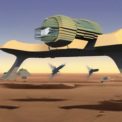 Prompt: Sci-Fi industrial futuristic vibrant Brutalism huge flying carrier vehicle desert