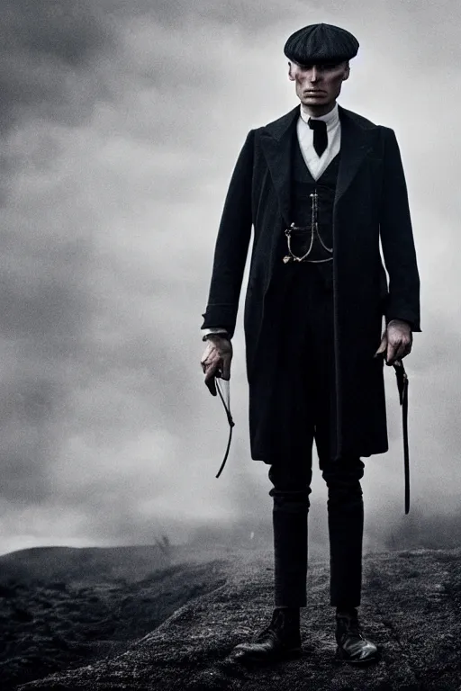 Prompt: Full-body portrait of Cillian Murphy in Peaky Blinders standing, arms crossed, dramatic, gloomy, dark