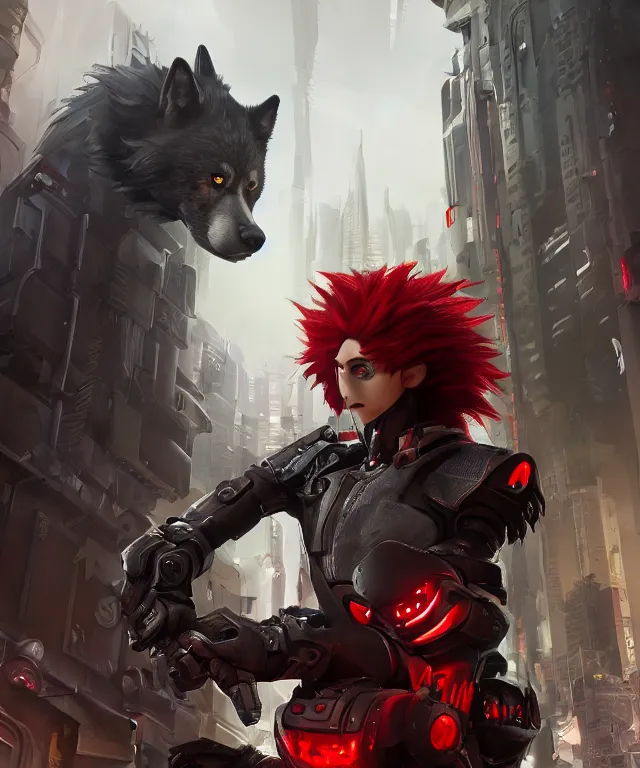 Image similar to portrait of a male anthropomorphic dark gray wolf with red hair in a futuristic city, hyper detailed, digital art, trending in artstation, cinematic lighting, studio quality, smooth render, unreal engine 5 rendered, octane rendered, art style by pixar dreamworks warner bros disney riot games and overwatch.