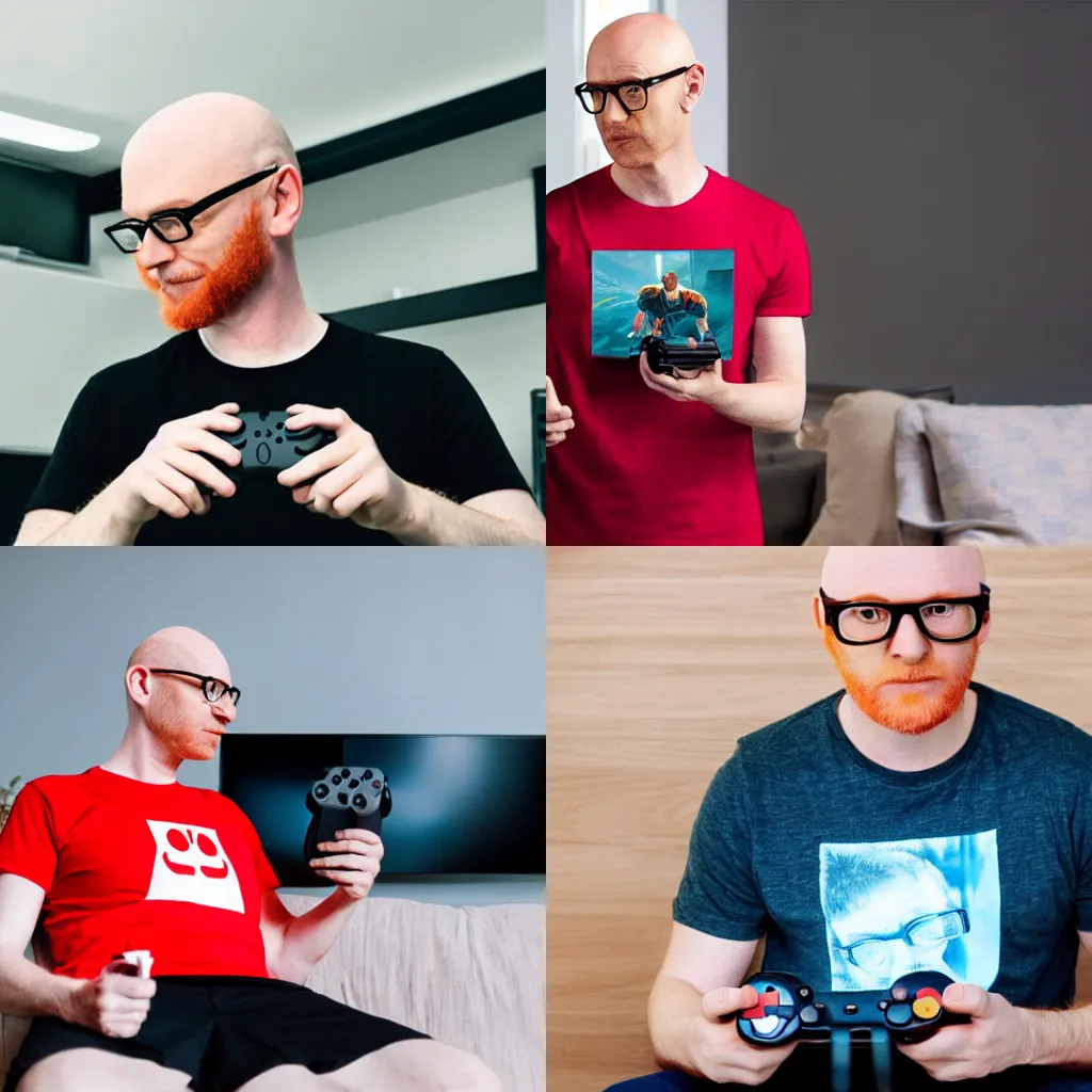 Prompt: ginger bald man with glasses in a graphic t-shirt playing nintendo switch, epic lighting