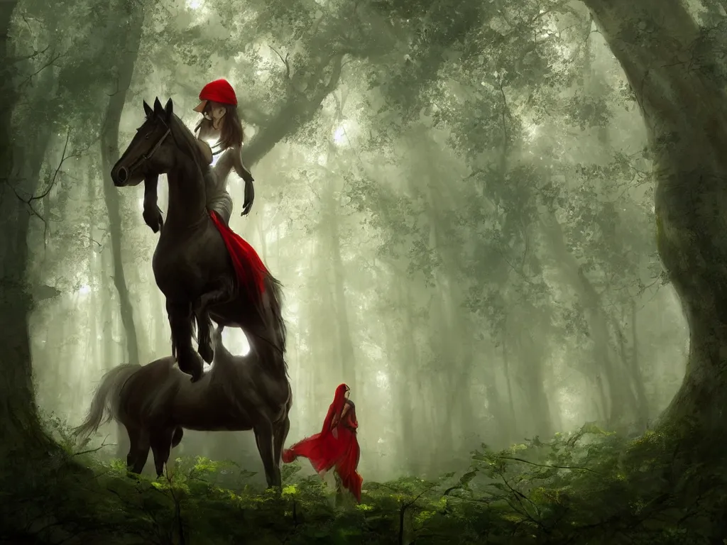 Prompt: a female beauty wearing a red cap rides through a dense green oak and beech forrest on a strong black horse, rays of life, cinematic, fantasy art, moody evening light, foggy, cryengine, trending on artstation, by esao andrews, by cynthia sheppard, by naoto hatori, by tyler jacobson