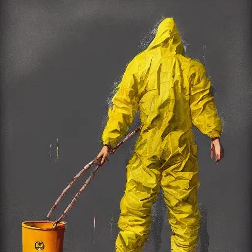 Image similar to a painting of a man in a yellow bio hazard suit holding a bucket and looking at gigantic spider, poster art by jakub rozalski, trending on artstation, nuclear art, apocalypse art, dystopian art, poster art