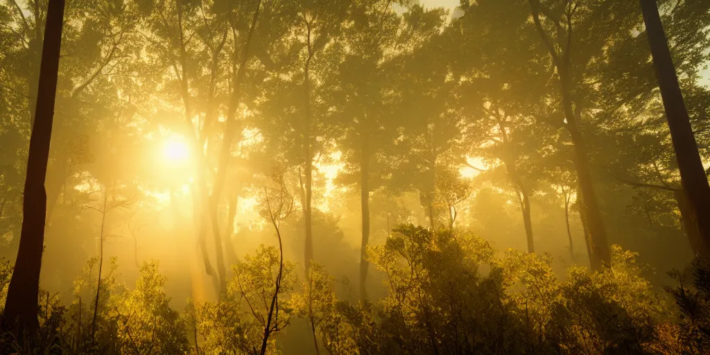 Image similar to a hazy forest with huge oak trees at sunrise in the style of Firewatch, low angle