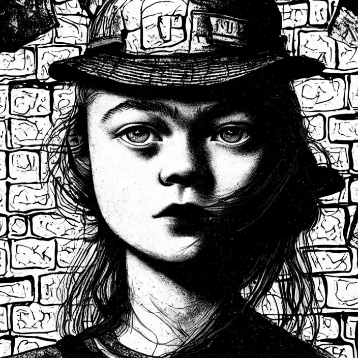 Image similar to extreme close - up on sadie sink as a miner : she lifts a slice of bread with her hand. background : black tiles on walls. black and white, pencil and ink. by gabriel hardman, joe alves, chris bonura. cinematic atmosphere, detailed and intricate, perfect anatomy