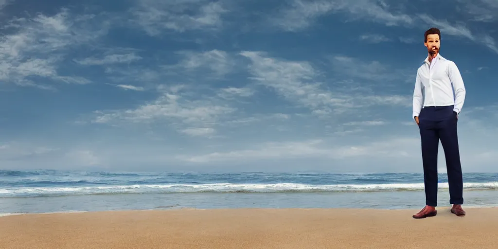 Image similar to a handsome guy is standing tall, in a beautiful shirt, with the beach, sea, sun, rays in the background? super detail, one character