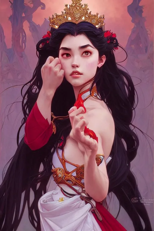 Image similar to rei hino as a princess, fantasy, intricate, elegant, highly detailed, digital painting, artstation, concept art, matte, sharp focus, illustration, art by artgerm and greg rutkowski and alphonse mucha