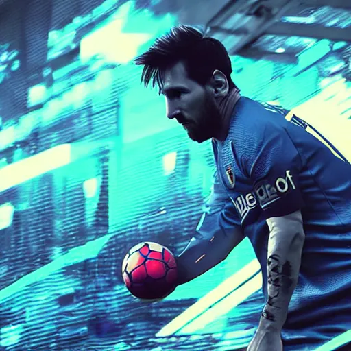 Image similar to messi, playing soccer, cyberpunk aesthetic, 4 k, high - res, highly - detailed