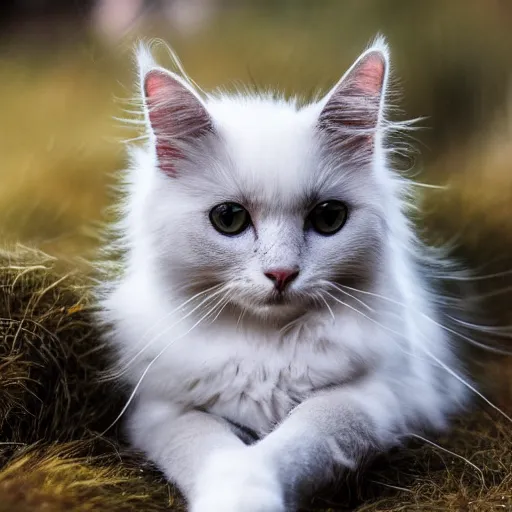 Prompt: Fluffy long fur white and grey cat, yellow eyes, cute, 4K