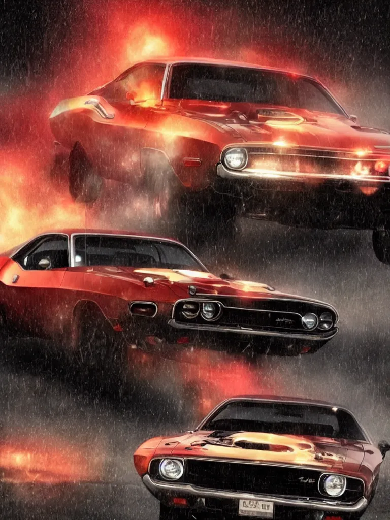 Image similar to a realistic detailed photo of karl havoc driving a 1 9 7 0 dodge challenger in the rain, character concept, cinematic lighting, global illumination radiating a glowing aura, i think you should leave