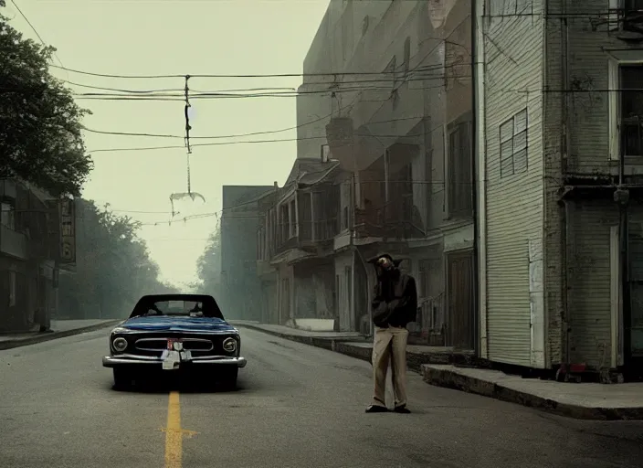 Image similar to a man standing next to a car on a city street, an album cover by Gregory Crewdson, featured on cg society, american realism, movie still, movie poster, criterion collection