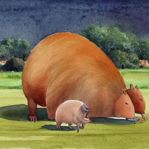 Image similar to a beautiful watercolor painting of an enormous capybara, by Antonio Guidotti, ghibli studio, detailed, matte art, trending on artstation,