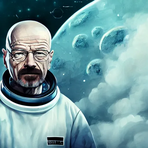 Image similar to Walter white from breaking bad, wearing an astronaut suit in space, dynamic lighting, photorealistic concept art, stunning visuals, creative, cinematic, ultra detailed, trending on art station, detailed