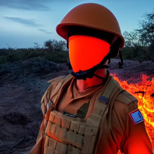 Image similar to a soldier with a glowing orange visor, a half-turn looks into the camera, bodies of the dead are scattered around, an fire in the background, 4k, details, dramatic pose