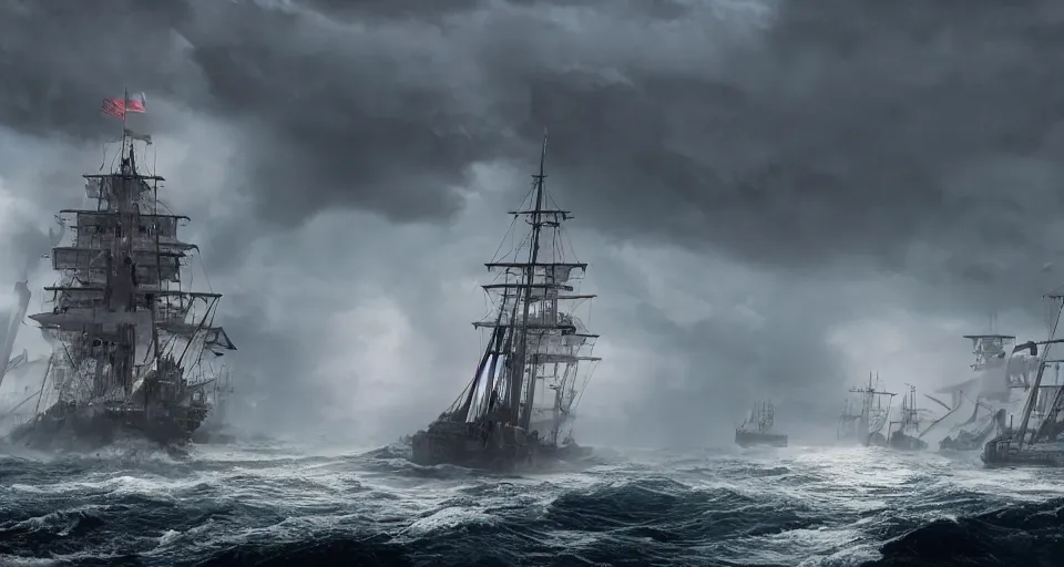 Image similar to giant sailing battleship with ten sails, raging sea foggy, dramatic, action scene, stormy background, shipfleet on the horizon, high detail, unreal engine, octane render, 8 k high definition, photorealistic