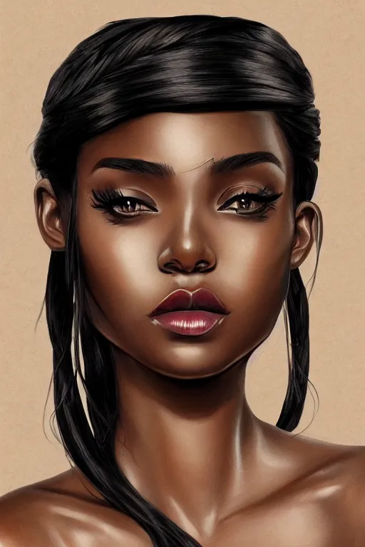 Image similar to A bust of a beautiful black skinned girl with large lips and smooth eyebrows and straight hair, HD, illustration, epic, fantasy, intricate, elegant, amazing detail, digital painting, artstation, concept art, smooth, sharp focus, illustration, art by Turine Tran