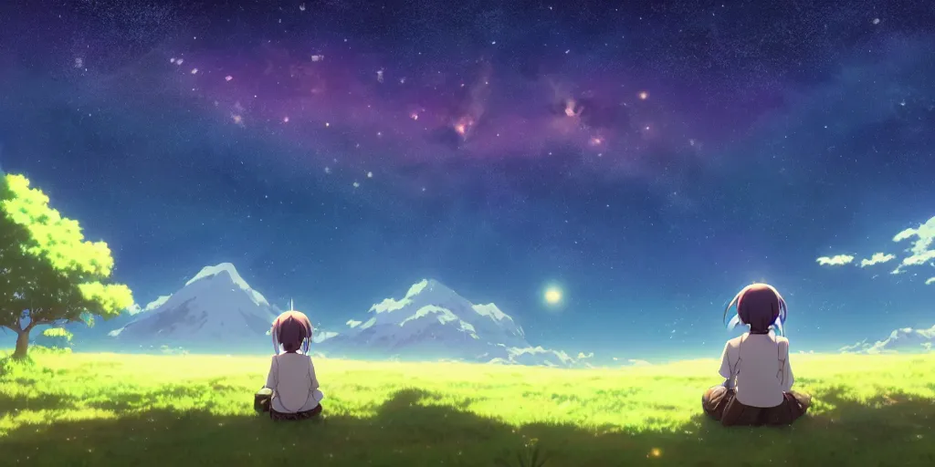 Image similar to a schoolgirl girl sat on the hillside and looked at the stars in the night sky, midnight, spectacular milky way, shining meteor, official media, anime key visual, detailed, artwork by makoto shinkai. - h 5 7 6