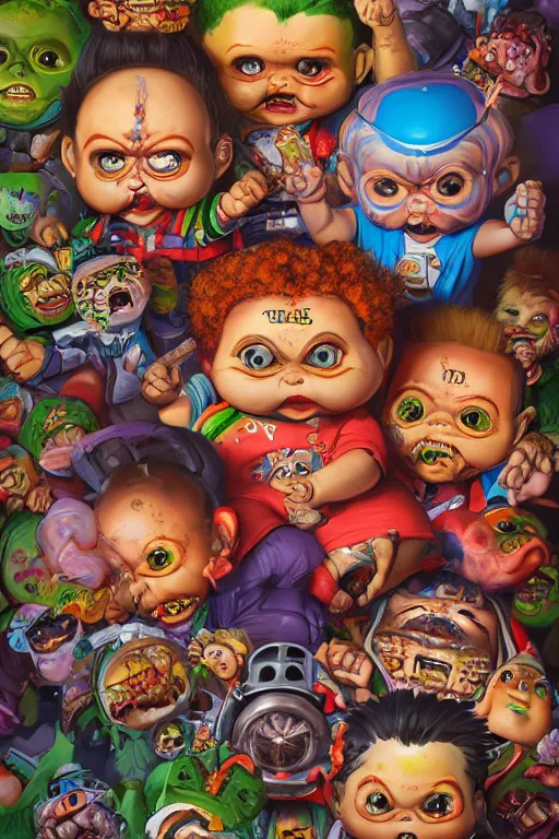 Image similar to Garbage Pail Kids by Simon Bisley, vivid colors, high details, cinematic, 8k resolution, beautiful detailed, photorealistic, digital painting, artstation, concept art, smooth, sharp focus, illustration, fantasy background, artstation trending, octane render, unreal engine