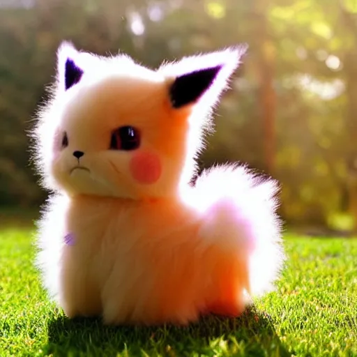 Image similar to real life Pokemon, cute!!!, fluffy!!!, ultra realistic!!!, golden hour, sharp focus