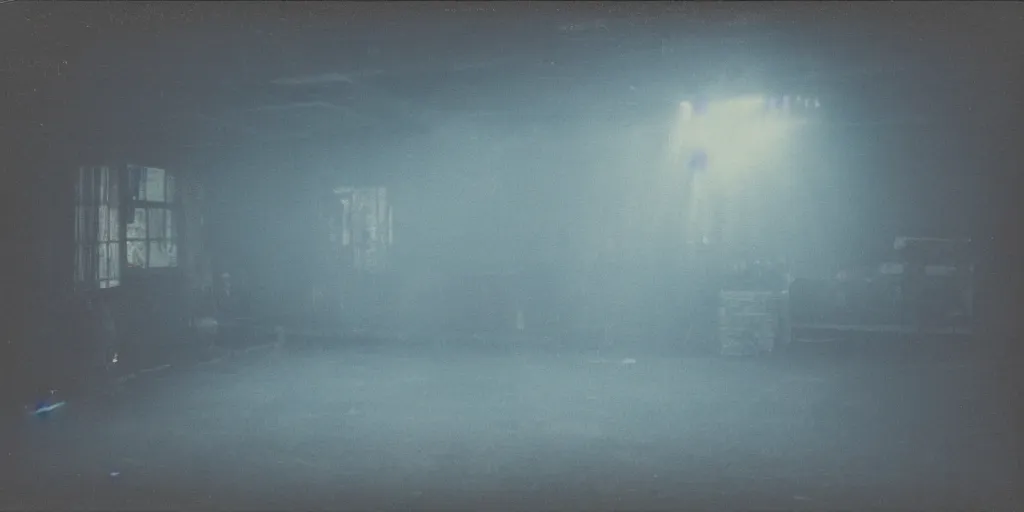 Image similar to polaroid photo of an empty dancehall, bright colourful strobelights, smoke coming from the floor, lens flare