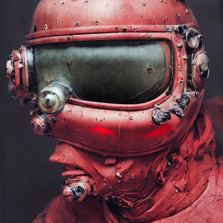 Image similar to hyperrealistic detailed higher angle portrait of a character in fighter pilot helmet, rich deep colors, ultra detail, by francis bacon, james ginn, petra courtright, jenny saville, gerhard richter, zdzisaw beksinski, takato yamamoto. masterpiece, elegant fashion studio ighting 3 5 mm