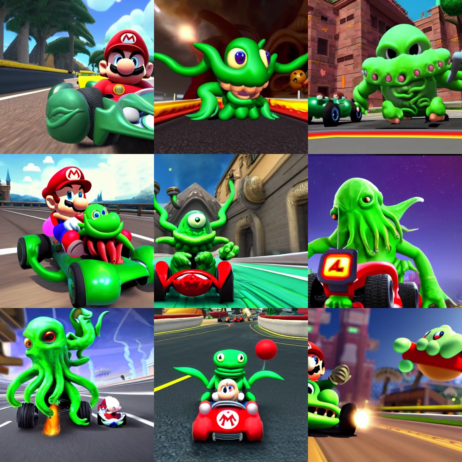 Prompt: detailed still image of small cthulhu as a playable character, driving in mario kart, unreal engine, cover art