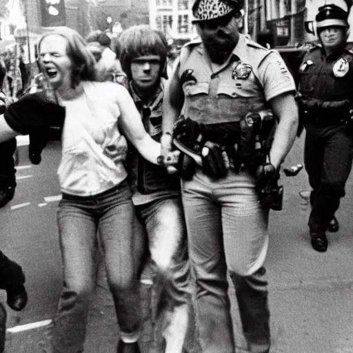 Prompt: Photograph of the Crazy Frog being arrested in a 1970s protest