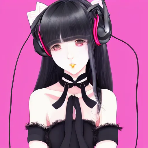 Image similar to realistic beautiful gorgeous buxom natural cute blushed shy girl Blackpink Lalisa Manoban black hair fur black cat ears, wearing white camisole, headphones, black leather choker artwork drawn full HD 4K highest quality in artstyle by professional artists WLOP, Taejune Kim, Guweiz, Aztodio on Pixiv Instagram Artstation