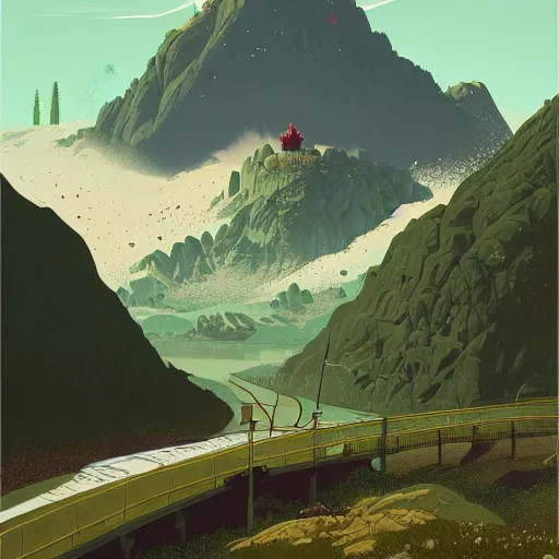 Prompt: A large picturesque mountain with a river flowing between them by Simon stålenhag