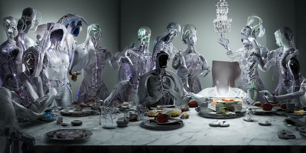 Image similar to !13 diverse aliens on !one_side of a !marble table, eating luxurios meals !!posing_as_last_supper cinematic lighting, their clothes are high tech suits, intricate cables adorne their bodies and heads, detailed implants, satin, crystal, liquid, surreal, floating, !!highly detalied, 4k, artstation, by Rolf Armstrong