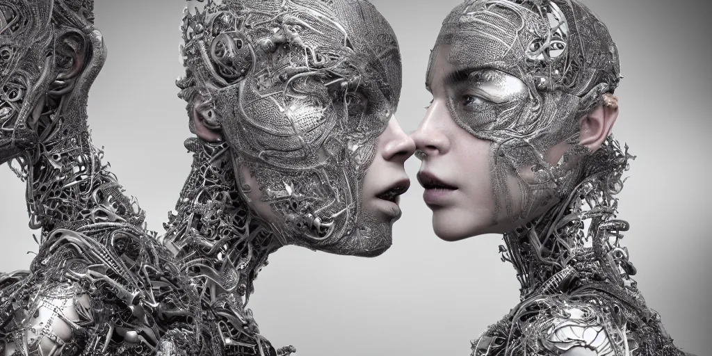 Prompt: hyper realistic photography of a stunningly beautiful cyborg male and woman, intimate, intricate filigree, in the style of beth cavener, jin kagetsu, and wlop, highly detailed, chrome face symmetry, masterpiece, award winning, sharp focus, concept art, high key, ambient lighting, 8 k, octane render,