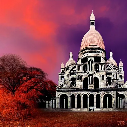 Image similar to abandoned Basilica of Sacré Coeur de Montmartre, toxic orange and pink clouds strain the sunlight, stark contrasting lighting, contrejour, a two-headed mutated deer-like creature looks on in the distance from the sparse twisted silhouetted foliage, a highly detailed colorful matte painting by Scott Listfield and Mikko Lagerstedt, featured on Artstation, Unreal Render, 8k HDR, fisheye