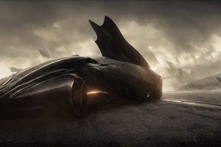 Prompt: the batmobile caught in the flow of time. octane render. 8 k. dark. atmospheric. cinematic. spectacular. sense of awe. mist. strong winds. sunrise. super slowmotion. matte painting painted by sparth and craig mullins