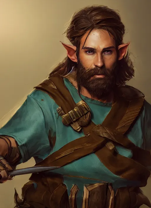 Prompt: an arrogant half-elf ranger, teal tunic, teal headband, shaggy brown hair, scruffy beard, scar on face, D&D Concept Art, unreal 5, DAZ, Apex legends concept art, hyperrealistic, octane render, cosplay, RPG portrait, dynamic lighting, epic, striking, hyper real, comic book