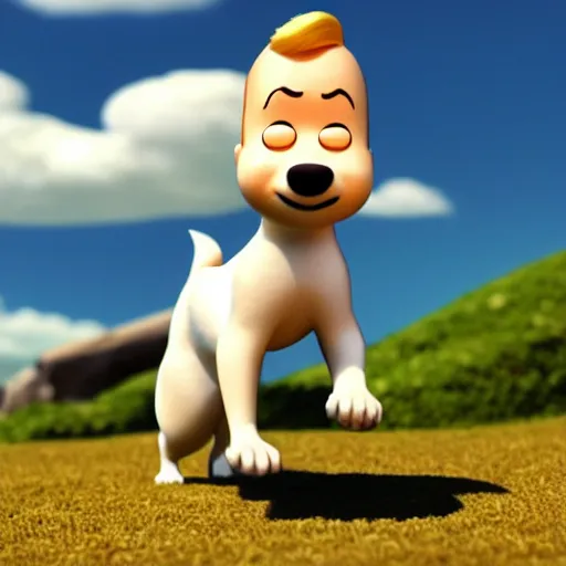 Image similar to tintin and his tiny white fox terrier, depicted as a pixar character, high quality cg render, 8 k