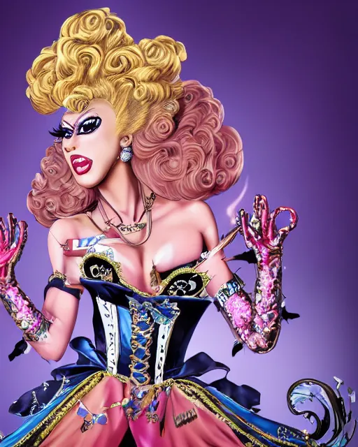 Prompt: 4k anime artwork of a fabulous drag queen dressed up like a rococo princess, 💋 💄 👠 👗 , ru paul\'s drag race, fashion photography