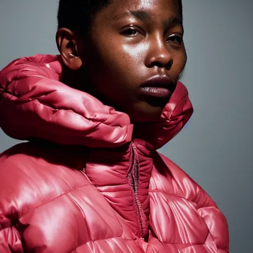 Image similar to realistic photoshooting for a new balenciaga lookbook color film photography close up portrait of a beautiful woman model, model wears a puffer jacket, photo in style of tyler mitchell, ssense