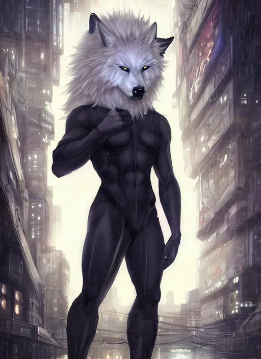 Image similar to award winning beautiful portrait commission art of a muscular male furry anthro albino wolf fursona with a tail and a cute beautiful attractive detailed furry face wearing black stylish cyberpunk pants and boots in a cyberpunk city at night while it rains. Character design by charlie bowater, ross tran, artgerm, and makoto shinkai, detailed, inked, western comic book art