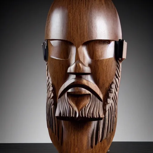 Prompt: wooden sculpture of a viking wearing a vr headset, polished maple, thoughtful, elegant, real