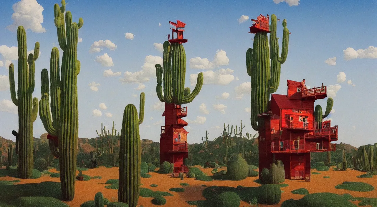 Prompt: single flooded simple cactus wooden tower!, very coherent and colorful high contrast!! masterpiece by rene magritte simon stalenhag carl spitzweg syd mead norman rockwell edward hopper james gilleard, minimalist, dark shadows, sunny day, hard lighting