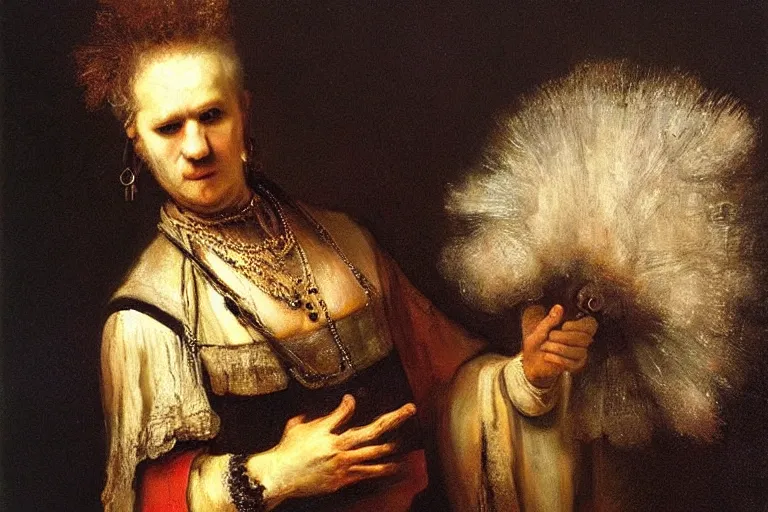 Prompt: punk rocker holding iphone. painting by rembrandt