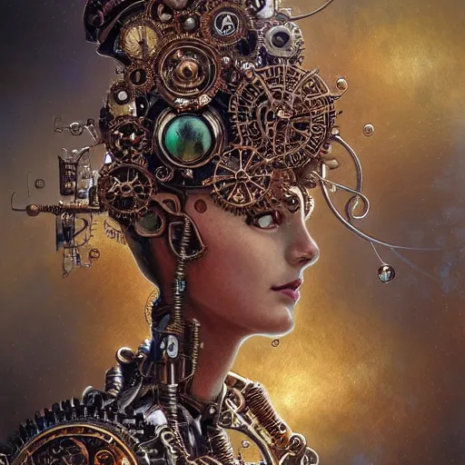 Image similar to A steampunk beautiful goddess, she half human and half robot, she is embellished with gears wheels and gemstones, by William Holman Hunt, Greg Rutkowski, Stanely Artgerm, Tooth Wu, Peter Gric, Aaron Horkey, trending on Artstation, digital art, mythological, symmetrical artwork, cinematic lighting, hyper realism, high detail, octane render, ultra realistic, golden ratio, 4k, 8k